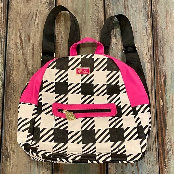 Betsey Johnson Plaid Houndstooth Backpack Handbag White Black Pink Barbie - Picture 1 of 7